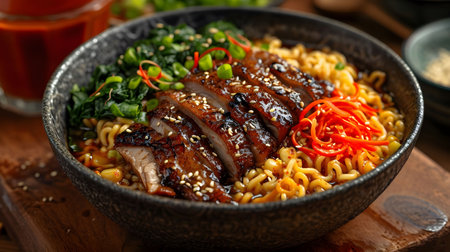 A delicious bowl of ramen noodles, topped with succulent roasted duck, vibrant vegetables, and a rich broth.の写真素材