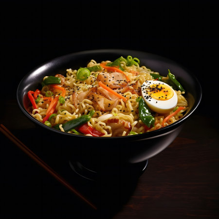 A vibrant bowl of Asian noodles topped with savory chicken, colorful veggies, and a perfectly cooked egg.の写真素材