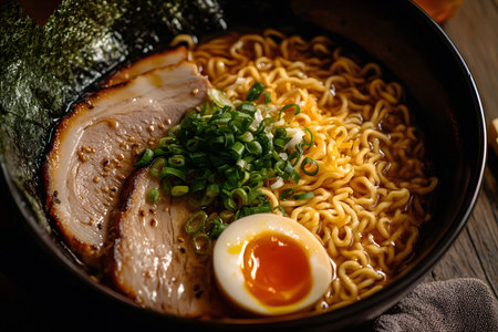 A steaming bowl of ramen with savory pork, a soft boiled egg, and fresh scallions. Perfect comfort food.の写真素材