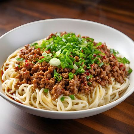 A close-up view of a delightful bowl of spicy minced pork noodles topped with fresh green onions.の写真素材
