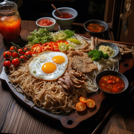 A delectable fusion noodle dish with fried eggs, various vegetables, and savory sauces. A delicious and visually appealing meal.の写真素材