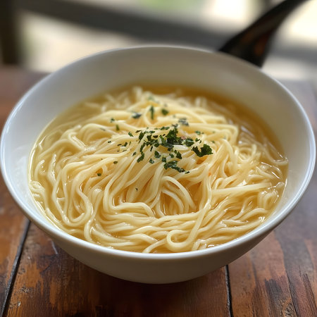 A close-up shot of a bowl of creamy noodle soup, garnished with fresh herbs.