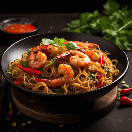 A tantalizing bowl of spicy shrimp noodles, a vibrant and flavorful culinary experience.の写真素材