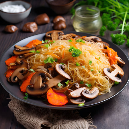 A flavorful stir-fry featuring glass noodles, mushrooms, carrots, and parsley, served on a dark plate.の写真素材