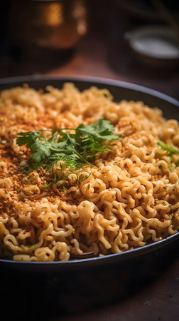 Close-up of a bowl of instant noodles, garnished with fresh cilantro and sesame seeds. Looks delicious!の写真素材