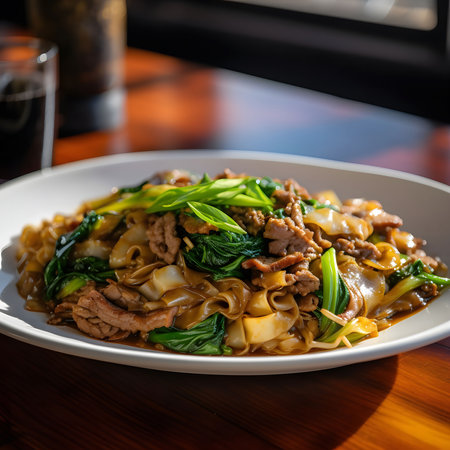 A delectable stir-fry featuring tender beef, vibrant vegetables, and perfectly cooked flat noodles....