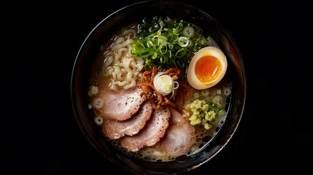 A delectable ramen bowl, topped with tender pork, a soft boiled egg, and fresh scallions. A true culinary masterpiece.の写真素材