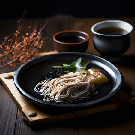 A captivating image of soba noodles elegantly plated, showcasing a blend of textures and colors in a dark, refined setting.の写真素材