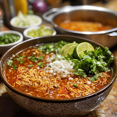 A bowl of spicy ramen noodle soup garnished with lime wedges and fresh cilantro.