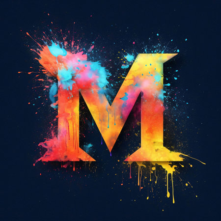 Graphic alphabet letters: Colorful paint splashes font, letter M, isolated on dark background