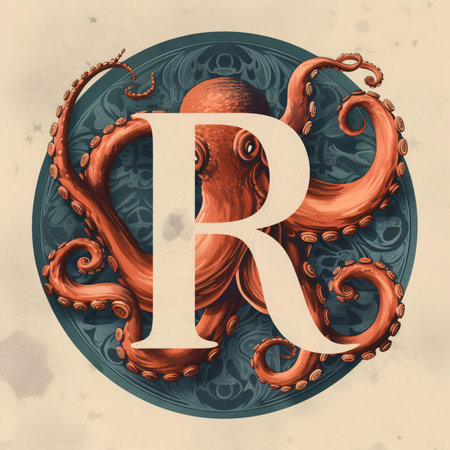 Graphic alphabet letters: Vintage letter R with octopus. Vector illustration for your designの写真素材