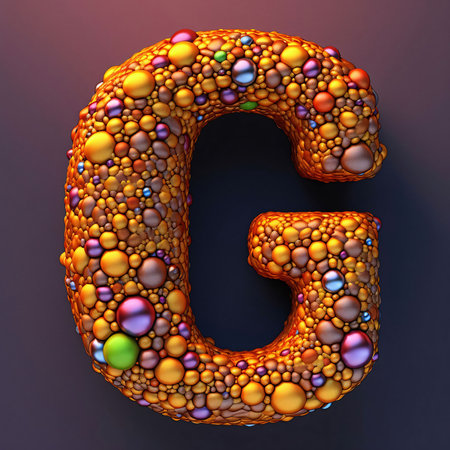 Graphic alphabet letters: Letter G made of colorful 3D spheres and bubbles. 3D rendering