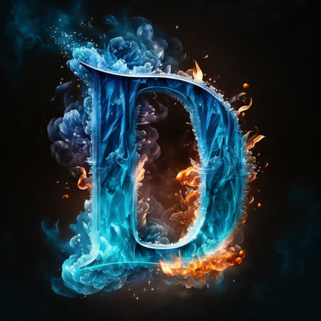 Graphic alphabet letters: Burning uppercase letter D in the smoke, isolated on black background