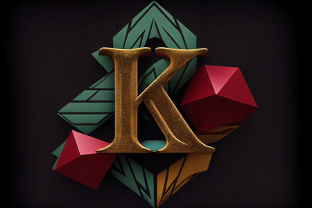Graphic alphabet letters: Golden letter K decorated with colorful geometric figures on black...