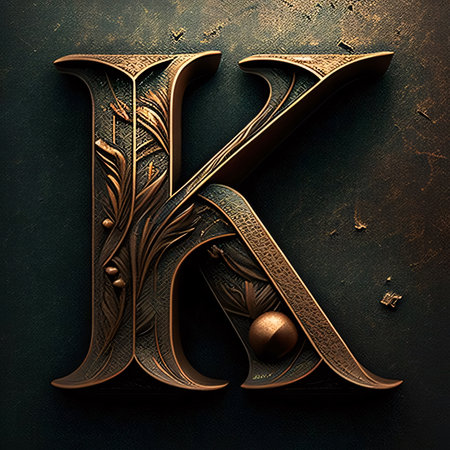 Graphic alphabet letters: Luxury letter K in gold on the wall. 3D illustrations