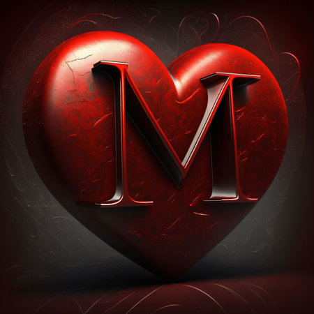 Graphic alphabet letters: Red heart with letter M on dark grunge background. 3D renderingの写真素材