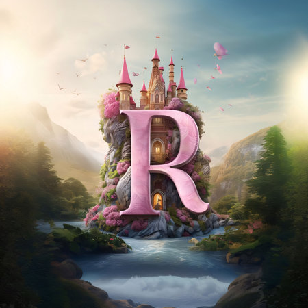 Graphic alphabet letters: Fantasy fairy tale castle with pink castle on the cliff. 3d renderingの写真素材