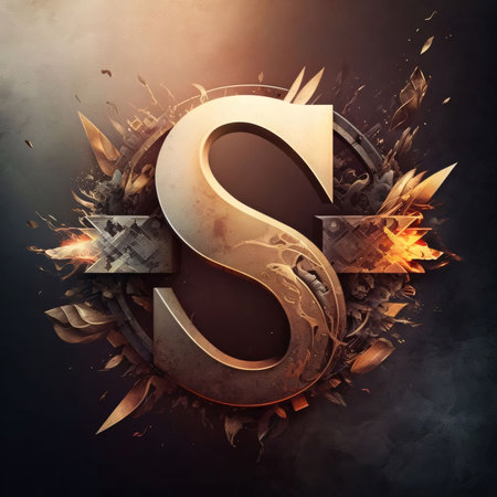 Graphic alphabet letters: Burning letter S in the shape of a shield on a dark backgroundの写真素材