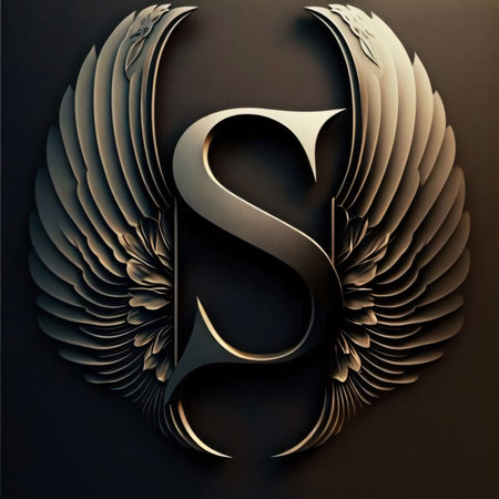 Graphic alphabet letters: Letter S with wings on black background. 3D illustrations. 3D CG. High...