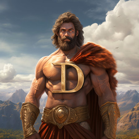 Graphic alphabet letters: 3D illustration of a Roman man with a muscular body and a Roman letter D
