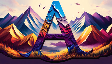Graphic alphabet letters: Alphabet letter A in the mountains. Colorful mountain landscape.