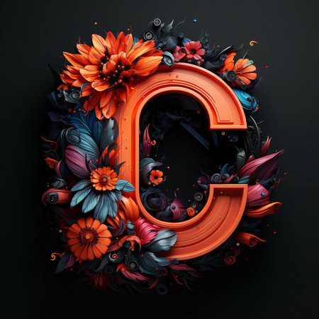 Graphic alphabet letters: Orange letter C with flowers on black background. 3D illustrations.の写真素材