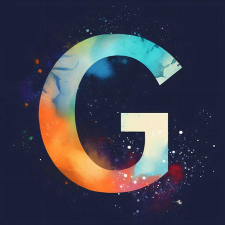 Graphic alphabet letters: Letter G painted with colorful watercolor splashes on a dark background