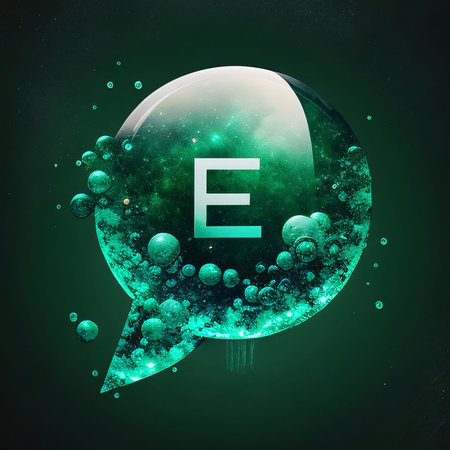 Graphic alphabet letters: Glowing bubble with letter E in space. 3D rendering.