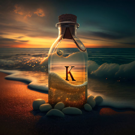 Graphic alphabet letters: Letter in a bottle on the beach at sunset. 3d render