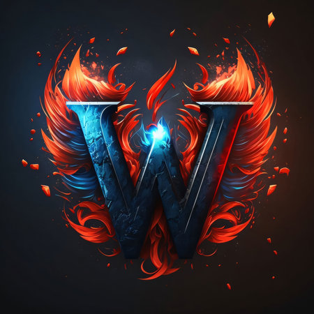 Graphic alphabet letters: Flaming letter W in the style of fire on a black backgroundの写真素材