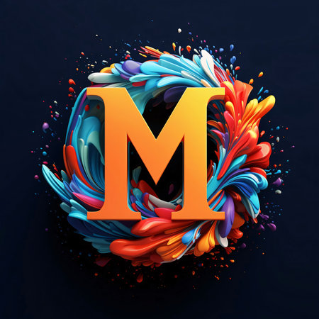 Graphic alphabet letters: Letter M with colorful paint splashes on dark background. Vector...
