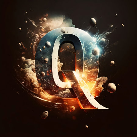 Graphic alphabet letters: Letter Q in space with planets and stars.