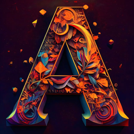 Graphic alphabet letters: Colorful capital letter A with abstract floral pattern. 3D rendering