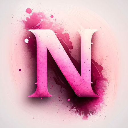 Graphic alphabet letters: N letter on pink watercolor splash background. 3D rendering.の写真素材