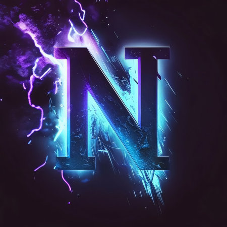 Graphic alphabet letters: Futuristic letter N with lightning effect on dark background. 3D renderingの写真素材