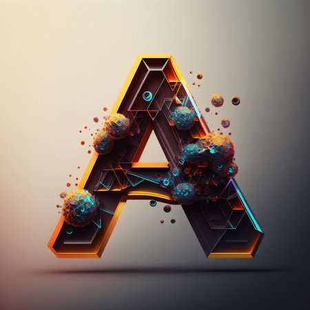 Graphic alphabet letters: Futuristic letter A uppercase. 3D render font with abstract background.
