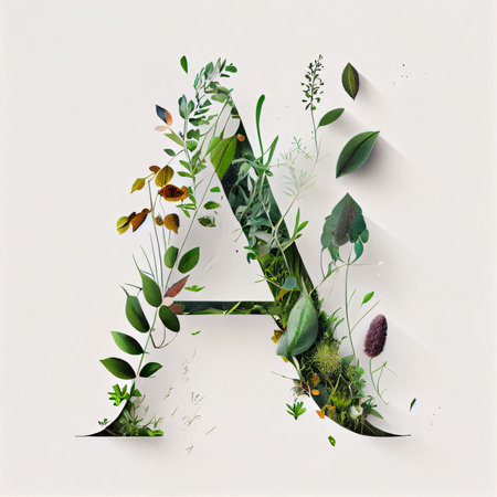 Graphic alphabet letters: Letter A made of various types of plants, leaves and flowers.