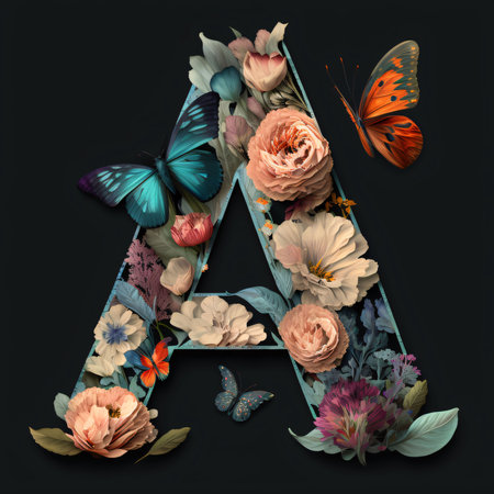 Graphic alphabet letters: Letter A made of flowers, leaves and butterflies. Floral font. Letter A