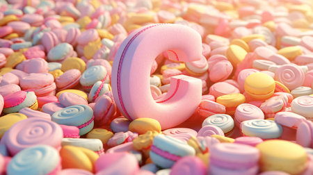 Graphic alphabet letters: 3d rendering of the C letter surrounded by colorful candies.