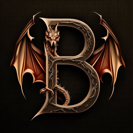 Graphic alphabet letters: Golden letter B with a dragon on a black background. 3d renderingの写真素材