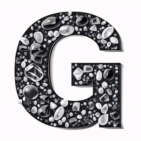 Graphic alphabet letters: Black and white 3d letter with gems isolated on white - G