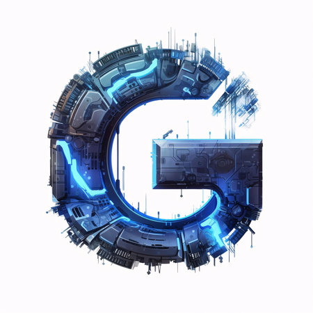 Graphic alphabet letters: 3D rendering of the letter G in futuristic style isolated on white...