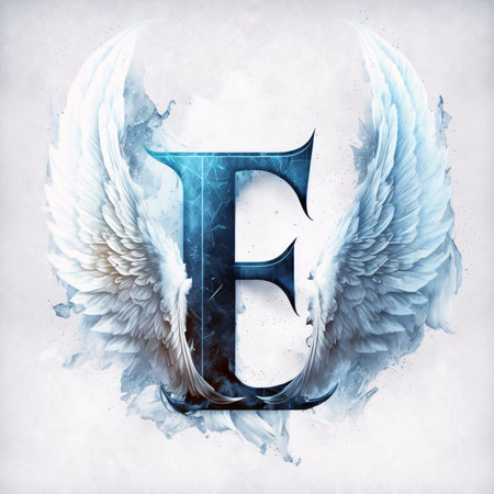 Graphic alphabet letters: Blue letter E with white wings on grunge background. 3D illustrationsの写真素材