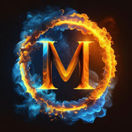 Graphic alphabet letters: Burning letter M in a circle of fire. 3D rendering