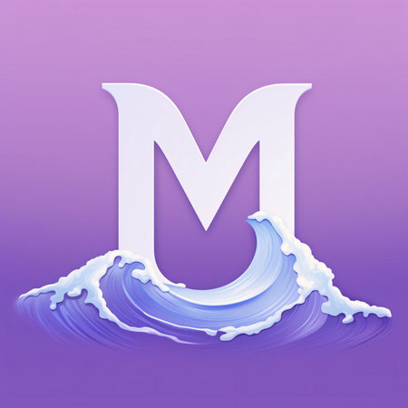 Graphic alphabet letters: Vector letter M in the form of a splash of water on a purple background.の写真素材