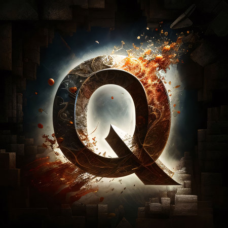 Graphic alphabet letters: Burning letter Q in the style of fire and smoke on a dark backgroundの写真素材