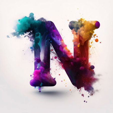 Graphic alphabet letters: Colorful paint splashes letter N, grunge paint splashes fontの写真素材