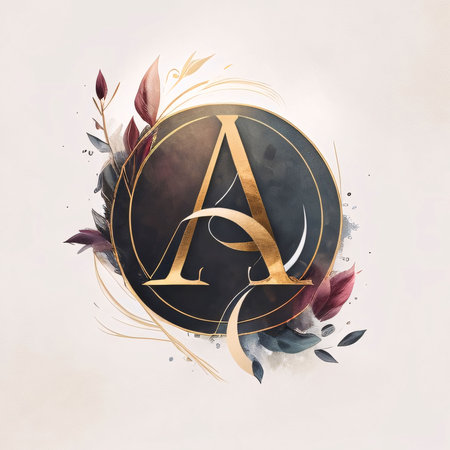 Graphic alphabet letters: Initial letter A with floral wreath, watercolor background, vectorの写真素材