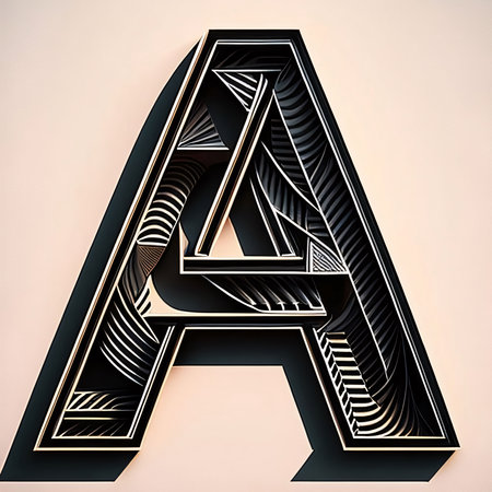 Graphic alphabet letters: Letter A in black and gold. 3d rendering, 3d illustration.