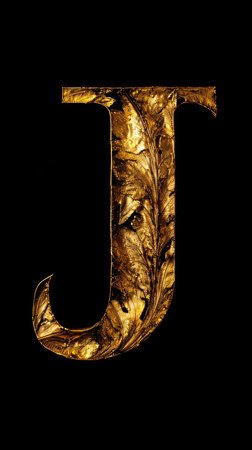 Graphic alphabet letters: The letter J in the old style gold on a black background.の写真素材
